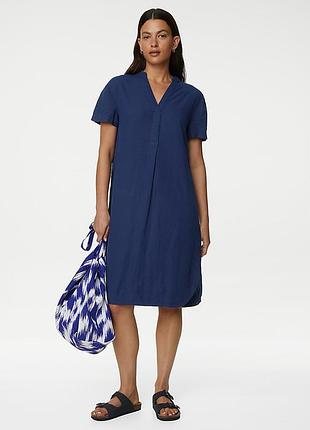 Платье прямого кроя от m&amp;s льняная синяя хлопковая