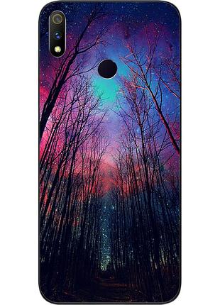 Чехол силиконовый для realme 3 pro с картинкой лес космическое небо