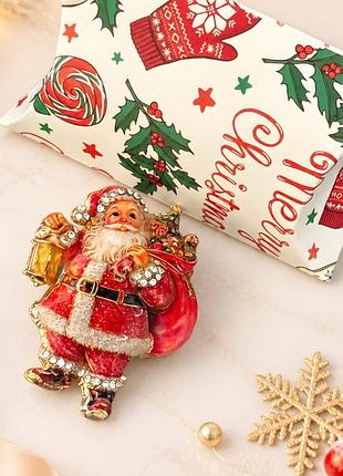 🎅✨ чарівна різдвяна брошка у вінтажному стилі в подарунковій коробці «санта клаус із ліхтарем та подарунками» 🎁