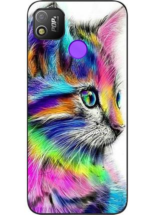 Силиконовый чехол для tecno pop 4 с картинкой разноцветный котик