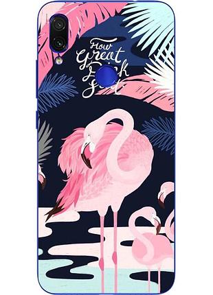Силиконовый чехол с рисунком для xiaomi redmi note 7 розовый фламинго