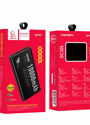 Павербанк vdenmenv dp43 10000mah 22.5w швидка зарядка pd qc 3.0 з дисплеєм чорний