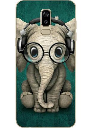 Силиконовый чехол бампер для samsung j810f galaxy j8 2018 с картинкой слоник в наушниках