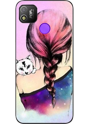 Силиконовый чехол для tecno pop 4 с картинкой девушка с котенком