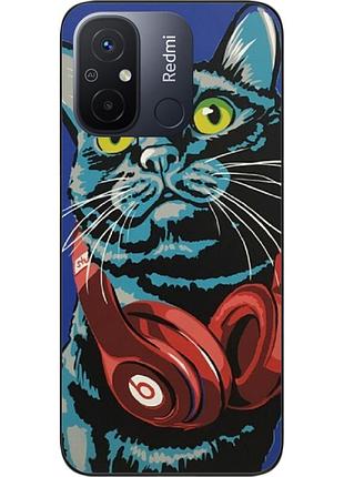 Силіконовий чохол для xiaomi redmi 12c з картинкою кіт із навушниками