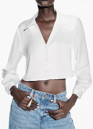 Біла укорочена сатинова рубашка zara 2