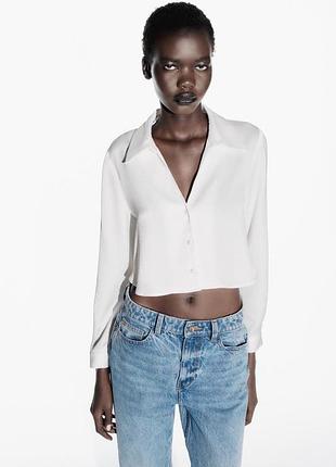 Біла укорочена сатинова рубашка zara 6