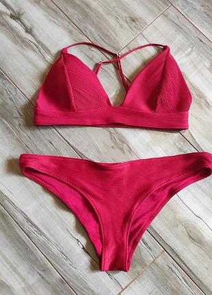 Красный купальник h&amp;m в рубчик, раздельный купальник, размер eur 42 / xl (l)
