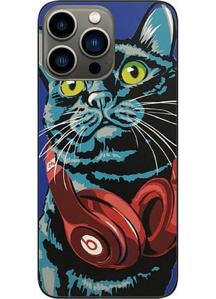 Силиконовый чехол epik для iphone 13 pro max с картинкой кот с наушниками