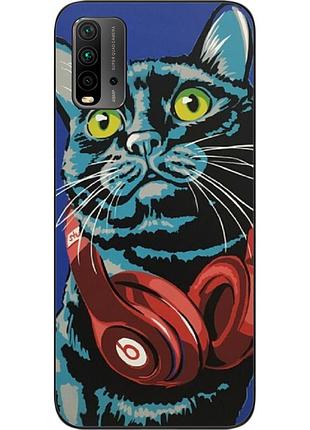 Силиконовый чехол для xiaomi redmi 9t с картинкой кот с наушниками