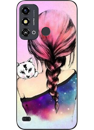 Силиконовый чехол для zte blade a53 с картинкой девушка с котенком