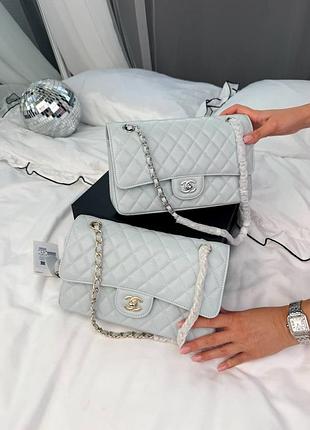 Жіноча сумка преміум classic flap 25 ice blue  caviar champagne hardware