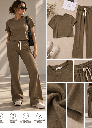 Лонгсет в стиле casual - футболка + штаны клеш, оливково-коричневый