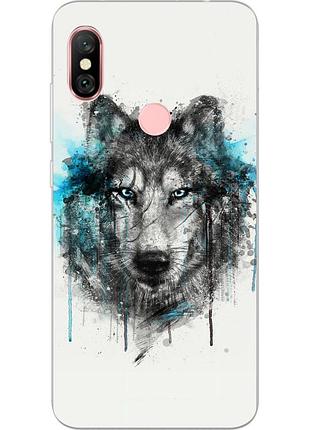 Силиконовый чехол для xiaomi redmi note 6 pro с картинкой волк акварель