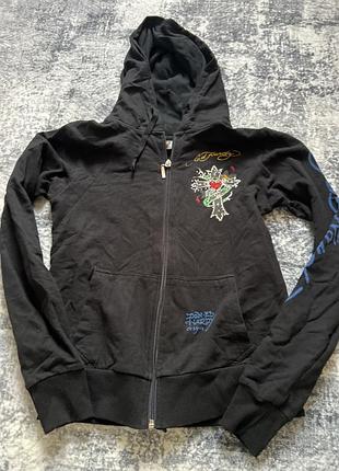 Жіноча чорна кофта на застібці з капюшоном,ed hardy зіпка,з карманами,розмір m-l бавовна 100%