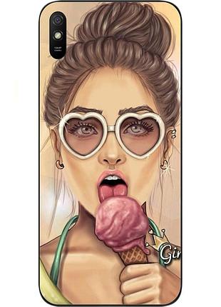 Бампер силиконовый чехол для xiaomi redmi 9a с картинкой девушка с мороженым