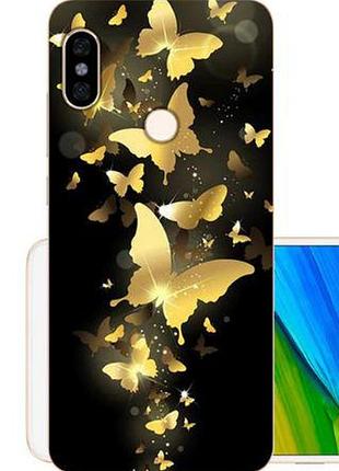 Силиконовый чехол бампер для xiaomi redmi note 5 с картинкой золотые бабочки