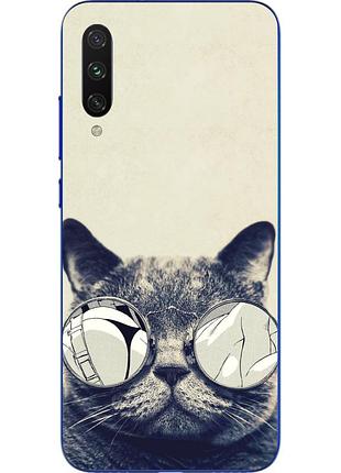 Бампер силиконовый чехол для xiaomi mi a3 lite с картинкой серый кот в очках