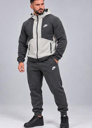 Чоловічий зимовий спортивний костюм nike бежево-кавовий теплий тринитка на флісі з капюшоном