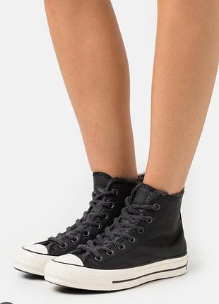 Кожаные зимние высокие кеды converse chuck 70 cozy club almost black