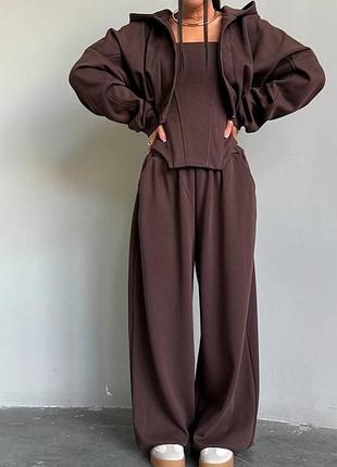 Костюм спортивний з корсетом /кофта, штани і топ/ adele ( коричневий, бордовий )