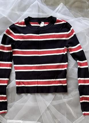 Смугастий лонгслів у рубчик h&m (чорний, червоний, білий)