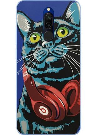 Силиконовый чехол с рисунком для xiaomi redmi 8 кот с наушниками