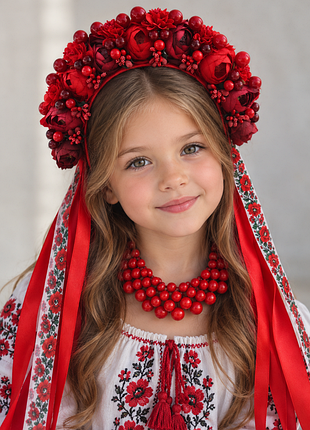 Пышный красный, цветочный украинский венчик с калиной