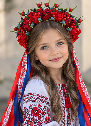 Пышный цветочный красный венчик с лентами до вышиванки