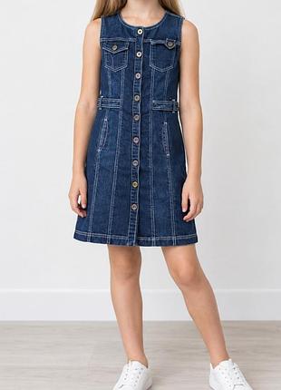 Синее джинсовое платье девочке fixoni без рукавов с карманами плотный denim  джинс хлопок шлевки для ремня сарафан в школу школьное платье