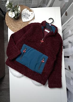 Теплая бордовая куртка шерпа от zara 8-9 лет (128-134)