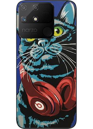 Силиконовый чехол epik для realme narzo 50a с картинкой кот с наушниками