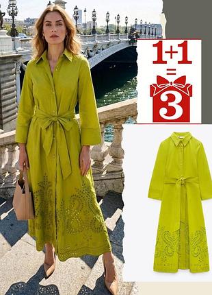 1+1=3 сукня сорочка zara міді вишита вишивка прошва оливка пояс