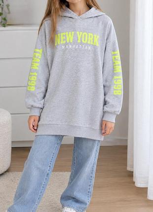 Худи свитшот светло-серый батник длинный девочке h&m 10-12 лет платье худи удлиненное с капюшоном  140-152 см двунитка хлопок манжеты толстовка