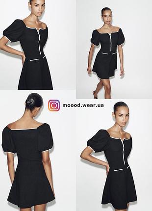 Zara коротка сукня з прямим вирізом і обʼємними рукавами