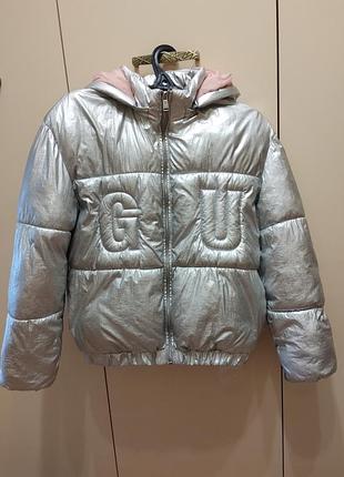 Серебристая куртка-пуховик guess (оригинал), размер 14 / на рост 150–156 см