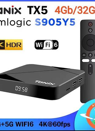 Смарт тв приставка tanix tx5 на android 14 
процесор amlogic s905y5
оперативная память 4gb, встроенная 32gb
4k ultrahd
голосовой помощник пульт