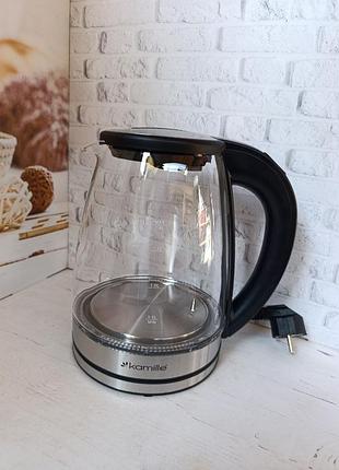 Електрочайник kamille km1740 скляний з led підсвічуванням 1.8 л 2200 вт чорний