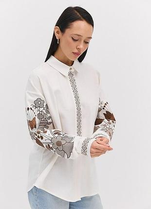 Рубашка женская молочная вышиванка с шоколадными узорами arjen mkar69223-4