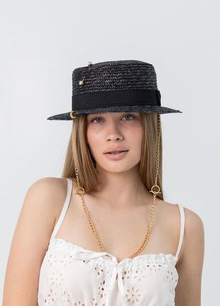 Канотье соломенная с полями 5 см з ланцюгом d.hats чёрного цвета