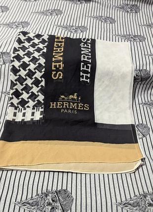 Большой платок шарф hermès paris 170×70 см черно-бежевая