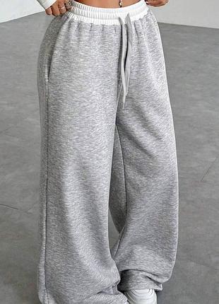 Женские спортивные штаны палаццо s-xl с белым поясом с высокой посадкой брюки прямые широкие двухнить женские 42-46 48-50 серый