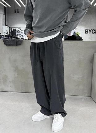 Мужские широкие коттоновые брюки baggy acid wash с резинкой и шнурком на поясе графитовые