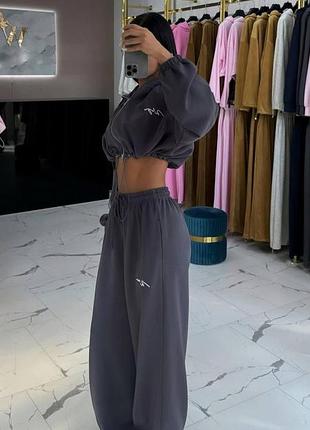 Женский костюм oversize s-l широкие штан на затяжках и кофта короткая с капюшоном свободный двойка двухнитка женские модные костюм 44/46, графит