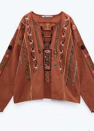 Блуза zara с этнической вышивкой в стиле бохо шик /15495/