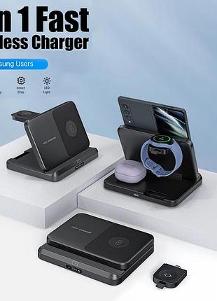 Складна бездротова зарядна станція 3-в-1  для смартфона / навушників / samsung galaxy watch - чорна