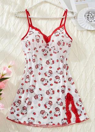 Нічна сорочка пеньюар hello kitty з червоним мереживом, xs