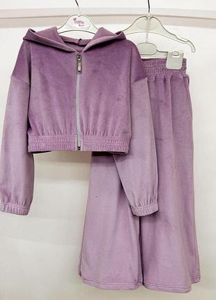 Костюм демисезонный для девочки, велюровый, кофта на молнии и брюки палаццо, от 116-122 см до 158-164 см 140-146