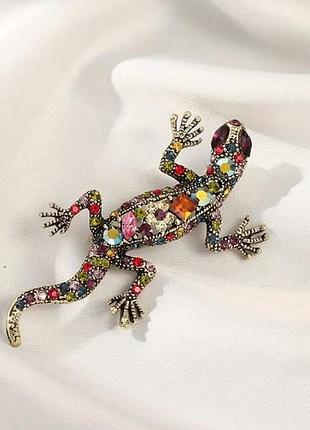Брошка 🦎 ящерица геккон в винтажном стиле, цветные кристаллы, анималистическая брошь значок животное пин