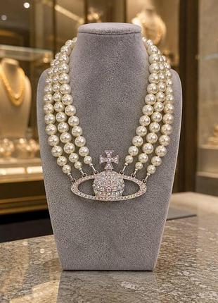 Роскошное колье vivienne westwood / вивьен вествуд - жемчуг в 3 нити, вставки циркония, посеребрение